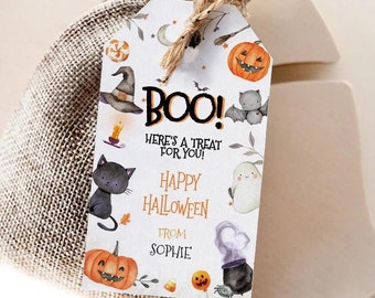 Può includere: Un piccolo sacco di iuta con un'etichetta regalo a tema Halloween. L'etichetta presenta illustrazioni di un gatto nero, zucche, un cappello da strega e le parole "Boo! Here's a treat for you! Happy Halloween." L'etichetta è legata con spago.