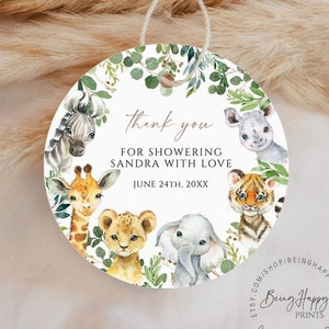 Safari Babyshower Bedankjes Jungle Dieren Babyshower Bedankkaartjes Afdrukbare Safari Dieren Cadeaukaartjes Wild One Favor tag Verjaardagssjabloon