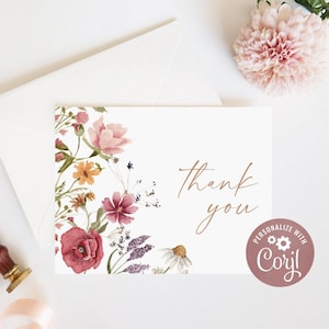 Modelo de cartão de agradecimento de flores silvestres, cartão de agradecimento para impressão, cartão de agradecimento para chá de panela, download de cartão de agradecimento floral para casamento Boho