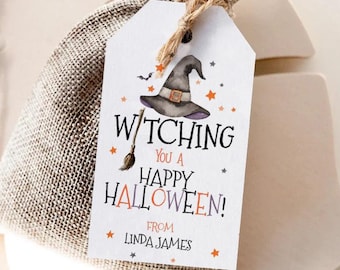 May include: A small burlap gift bag with a tag that reads "Witching You a Happy Halloween!" The tag features a witch's hat, stars, and a broom illustration. The tag also includes the name "Linda James".