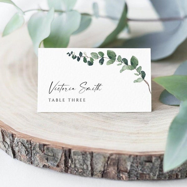 Eucalyptus Greenery Place Cards Template, Place Card Template , Editable Wedding Place Cards, Folded Place Cards Flat, printable place card