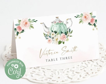 Blush Pink Floral Place Cards, Tea Party Template (Editable)