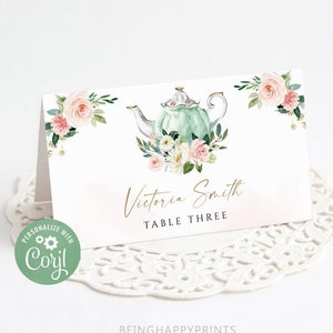Modèle de marque-places pour la douche nuptiale Tea Party modifiable blush rose florale haute Tea Party marque-places théière nuptiale thé brunch nuptiale