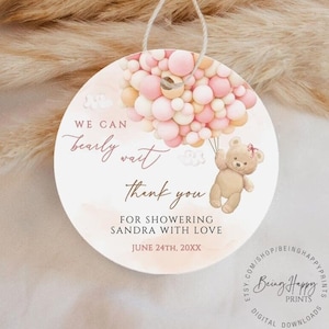 Bearbeitbare Teddybär-Baby-Dusche-Bevorzugungen Bär-Baby-Dusche-Danke-Tags druckbare Bär-Ballons-Geschenk-Tags Bevorzugung-Tag-Vorlage digitaler Download