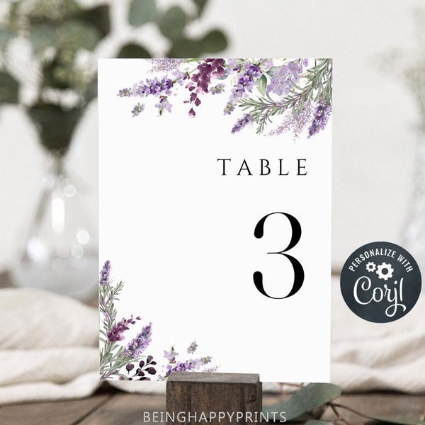 Table Number Card Template, Wedding Table number, Printable Wedding Table Card, Instant Download, 100% Editable, Lavender Table Number