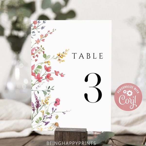 Wildblumen Tischnummer Kartenvorlage, Hochzeit Tischnummer, druckbare Hochzeit Tischkarte, Sofort Download, Boho Wildblumen Tischnummer