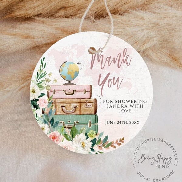 Adventure Awaits Baby Shower Favors Travel Baby Shower Thank you tags Sticker Adventure Gift tags Favor tag World Map Floral Suitcase Globe