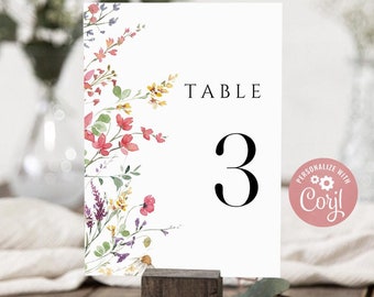 Plantilla de números de mesa para bodas con diseño de flores silvestres, estilo bohemio floral (descarga instantánea)