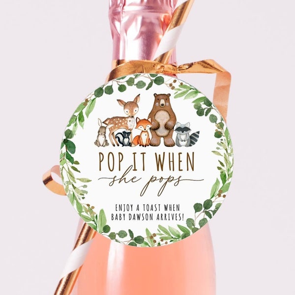 Pop It When She Pops Tags Baby Shower Favor Tags Woodland Animals Mini Champagne Baby Shower Tags Wine Bottle Tags Champagne Tags Greenery