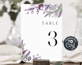 Table Number Card Template, Wedding Table number, Printable Wedding Table Card, Instant Download, 100% Editable, Lavender Table Number