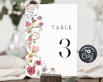Table Number Card Template, Wedding Table number, Printable Wedding Table Card, Instant Download, 100% Editable, Wildflower Table Number