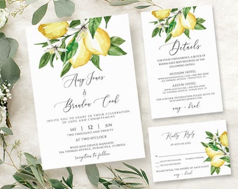 Citrus Lemon Wedding Invitation Set, Summer Wedding Invite, Details, RSVP, Editable Template, Printable, Instant Download,Wedding kit, yv422