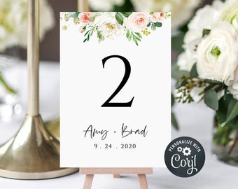 Floral Wedding Table Number Template, Boho Printable (Instant Download)