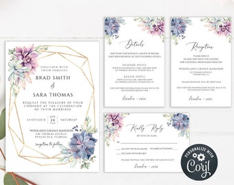 Geometric Greenery Wedding Invitation, Boho Watercolor Succulent Wedding Invite Template, Bohemian Wedding Suite, Instant Download, yv404