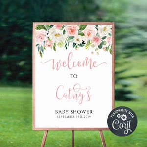 Baby Shower Welcome Sign, TRY BEFORE You BUY, Editable Template, Instant Download, Blush Floral, byh59