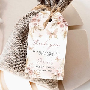 Rosa Schmetterling Pampasgras Baby Shower Favor Tag Boho rosa Pampasgras Favor Tags Mädchen-Babyparty-Geschenkanhänger Danke Tag