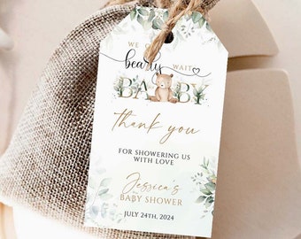 Bear Baby Shower Favor Tags, Greenery Template (Digital Download)
