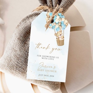 Modèle de baby shower d'étiquettes de faveur d'ours, étiquettes pour cadeaux de ballons bleus d'ours, étiquettes de cadeau de bébé, cadeau de remerciement, étiquettes de faveur de merci et autocollants
