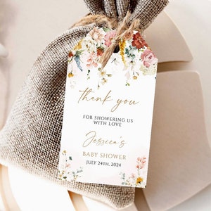 Bloemen babyshower bedankkaartje, bedankkaartje baby shower, afdrukbaar bedankje, sjabloon bloemen bedankje, boho baby shower bedankje