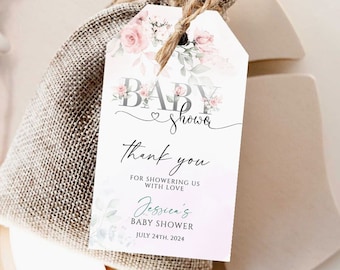 Pink floral Baby Shower favor tag Template, favor tags, thank you tag, editable tags, gift tags, Floral greenery Baby Shower, Pink flowers