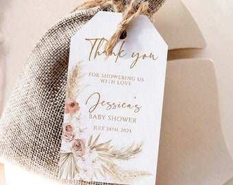 Etiquetas para recuerdos de baby shower con diseño de hierba de la Pampa, plantilla editable (descarga digital)