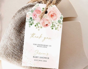 Blush Pink Floral Favor Tags, Baby Shower, Editable Template (Digital Download)