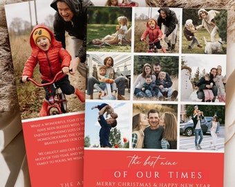 Puede incluir: Tarjeta de Navidad con un collage de fotos familiares. La tarjeta tiene un borde rojo con el texto "the best nine of our times" y "Merry Christmas & Happy New Year". La familia Anderson también está impresa en la tarjeta.
