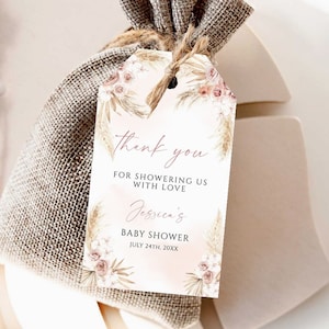 Étiquettes modifiables de faveur de baby shower d'herbe de pampa rose Étiquette de faveur de baby shower de Boho Étiquettes de cadeau de baby shower de fille