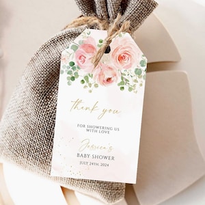 Editable Blush Pink Floral Favor tags, Thank you tags, Gift Tags, Baby shower favor tag Printable Template, Boho Girl Tag Instant download