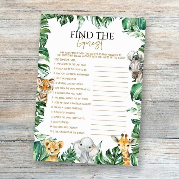 Jungle Find The Guest Baby Shower Games, Find the Guest, Ice Breaker Game, Safari Baby Shower Games Printable, Baby Shower, Guess Who ,yv796