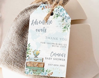 Adventure Awaits Favor Tag, Travel Baby Shower (Editable Template)