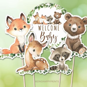 Afdrukbare Woodland Animals Centerpieces Woodland Baby Shower welkom Baby Woodland Cutouts Luier Cake Decor Cake Toppers Instant Download