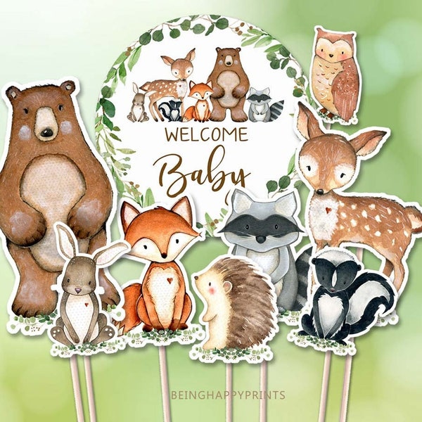 Printable Woodland Animals Centerpieces Woodland Cutouts Woodland Cake Topper Baby Shower Instant Download Birthday Decorations cut out