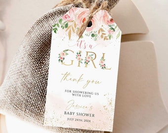 Blush Pink Floral Baby Shower Favor Tags, Editable Template (Digital Download)