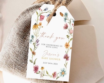 Etiqueta de agradecimento para chá de bebê com tema de flores silvestres, lembrancinha floral (modelo editável)