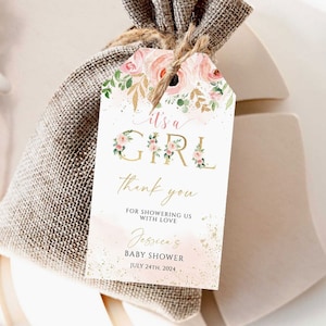 Editable Blush Pink Floral Favor tags, Thank you tags, Gift Tags, Baby shower favor Printable Template, Boho Girl tag Instant download