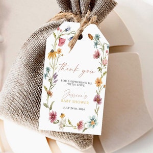 Wildflower babyshower bedankkaartje, bedankkaartje baby shower, afdrukbaar bedankje, sjabloon bloemen bedankje, boho baby shower bedankje