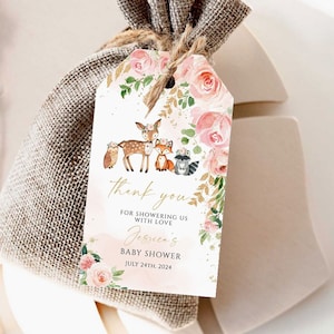 Woodland Floral baby shower gunst tags, meisje babyshower tags, blush bloemen bedankkaartjes, cadeaukaartjes, roze bloemen nodigt direct downloaden