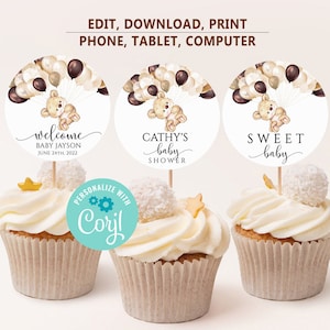 Bearbeitbare Teddybär Baby-Dusche-Cupcake-Dekorationen, Junge Baby-Dusche-Dekorationen,Geburtstag-Kuchen-Deckel,Sofortiger digitaler Download,printable, uj50