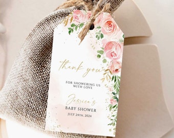 Blush Pink Floral Baby Shower Favor Tags, Printable Template (Digital Download)