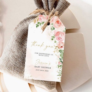 Afdrukbare sjabloon babyshower gunst tag, bewerkbare blush roze bloemen gunst tags, bedankkaartjes, cadeaukaartjes, Boho Girl tag direct downloaden
