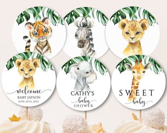 Adornos para cupcakes de baby shower con temática de safari y animales de la selva (plantilla editable)
