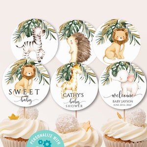 ジャングルカップケーキトッパー ジャングルベビーシャワー かわいいサファリ動物 ベビーシャワーフードデコレーション 印刷可能なトッパー 誕生日 即時ダウンロード uj53