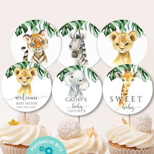Safari Baby Shower Cupcake Toppers, Jungle Cupcake Toppers, Editable Baby Shower Toppers, Birthday Cake Toppers, Baby Shower Decorations