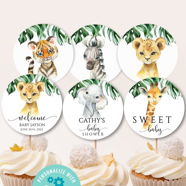 Safari Baby Shower Cupcake Toppers, Jungle Cupcake Toppers, Editable Baby Shower Toppers, Birthday Cake Toppers, Baby Shower Decorations