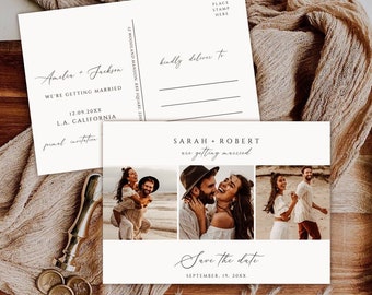 Puede incluir: Tarjeta de "Save the date" con un collage de tres fotos de una pareja. El texto dice "Sarah + Robert se casan" y "Save the date 13 de septiembre de 20XX".