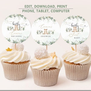 Teddy Bear Baby Shower Cupcake Toppers Woodland Bear Cupcake Topper We Can Bearly Wait Birthday Party Cake Toppers Printable