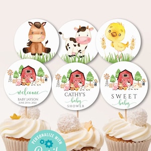 Farm Baby Shower Cupcake Toppers Farm Birthday Party Decoration Boy Farm Animals Cupcake Toppers Red Farm Animals Barnyard Decoration uj45