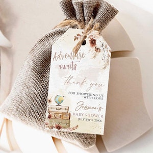 Reise Favor Tag, Reise-Babyparty, Abenteuer erwartet, Reise-Thema Babyparty, Reise Geschenkanhänger, Weltkarte, Danke Geschenkanhänger, Weltkarte