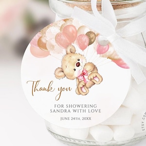 Bomboniere per baby shower con orsetto rosa Orsetto boho per baby shower Etichette di ringraziamento Palloncini orsetto stampabili Etichette regalo Etichetta di favore Adesivi di ringraziamento